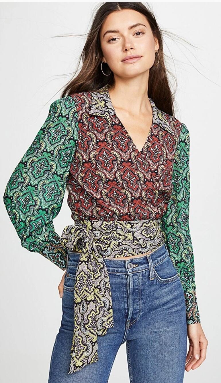 Alice + Olivia Omega Blouson Sleeve Wrap Top XS Paisley Romantic Boho patchwork
